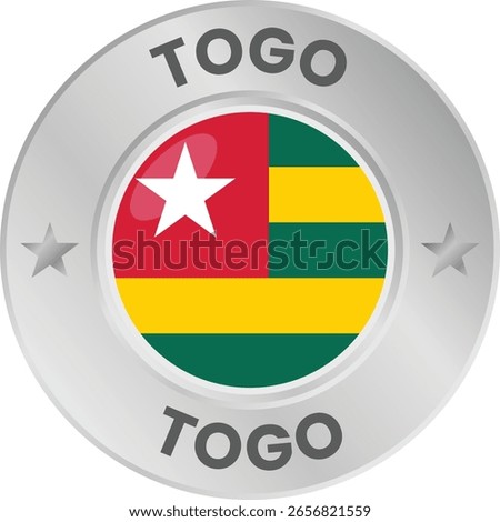 Togo flag in silver colored medal. National flag in metal circle emblem.