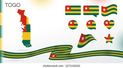 Togo flags set. Various designs. Map and capital city. World flags. Vector set. Circle icon. Template for independence day. Collection of national symbols. Ribbon with colors of the flag. Africa