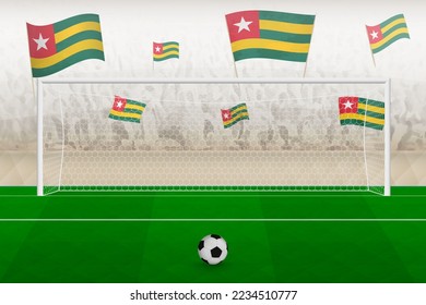 Togo football team fans with flags of Togo cheering on stadium, penalty kick concept in a soccer match. Sports vector illustration.