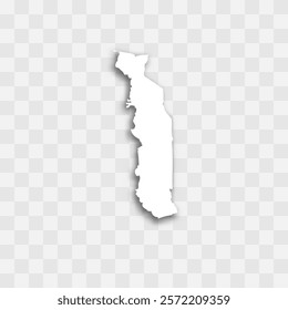 Togo high detailed vector representation of country silhouette. White color on transparent background with dropped shadow. For educational, decorative, or informational use.