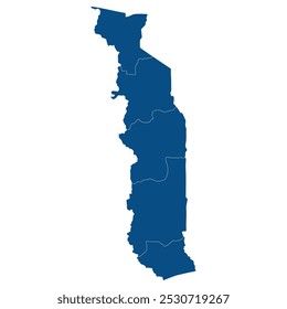 Mapa do Togo. Mapa de Togo em províncias administrativas em cor azul