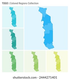 Togo map collection. Country shape with colored regions. Light Blue, Cyan, Teal, Green, Light Green, Lime color palettes. Border of Togo with provinces for your infographic. Vector illustration.