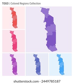 Togo map collection. Country shape with colored regions. Deep Purple, Red, Pink, Purple, Indigo, Blue color palettes. Border of Togo with provinces for your infographic. Vector illustration.