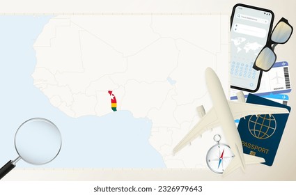 Togo map and flag, cargo plane on the detailed map of Togo with flag, passport, magnifying glass and airplane. Vector template.