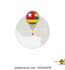 Togo map and flag in circle. Map of Togo, Togo flag pin. Map of Togo in the style of the globe. Vector Illustration.