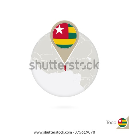 Togo map and flag in circle. Map of Togo, Togo flag pin. Map of Togo in the style of the globe. Vector Illustration.