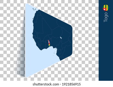 Togo map and flag on transparent background. Highlighted Togo on blue vector map.
