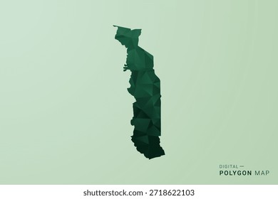 Togo-Karte - Vektorgrafik im Stil eines grünen Polygons, geometrisches Design mit niedrigem Poly und sauberer Silhouette auf weichgrünem Hintergrund.