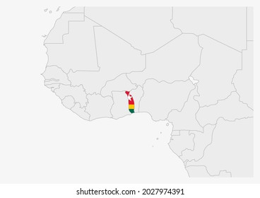 Togo map highlighted in Togo flag colors, gray map with neighboring countries.