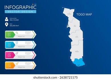 Togo map with location pointer marks. High detailed country map with division, cities and capital infographic template. Vector illustration EPS10