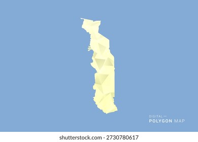 Mapa de Togo en estilo de Vector de polígono de polietileno bajo, ilustración de forma geométrica con tonos amarillos suaves sobre fondo azul, silueta limpia para infografía.