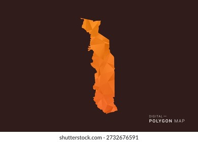 Mapa de Togo - Vector de bajo polígono polivinílico, silueta triangulada geométrica en tonos naranja y marrón oscuro, estilo infográfico moderno limpio, fondo aislado.