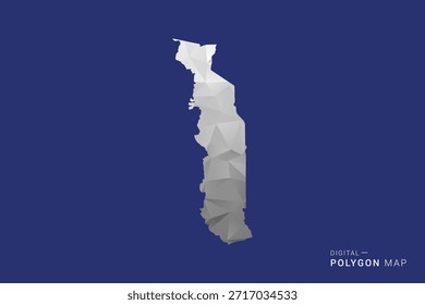 Togo Karte - Polygon Weiß und Schwarz Karte Stil Vektorgrafik, Low Poly Geometrisches Design, einzeln auf blauem Hintergrund.