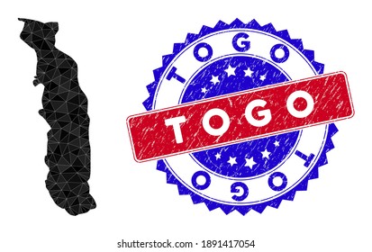 Togo map polygonal mesh with filled triangles, and grunge bicolor stamp seal. Triangle mosaic Togo map with mesh vector model, triangles have different sizes, and positions, and color tints.