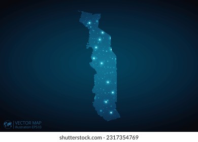 Togo map radial dotted pattern in futuristic style, design blue circle glowing outline made of stars. concept of communication on dark blue background. Vector EPS10