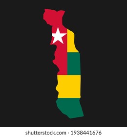 Silueta de mapa de Togo con bandera sobre fondo negro