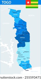 Togo Map Vector Blue Spot - Customizable layered political map of Togo with administrative divisions for website, education, reports, news, politics, print, poster and wallpaper