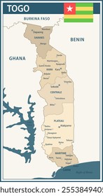 Togo Map Vector Vintage Dark Blue Beige - Customizable layered political map of Togo with administrative divisions for website, education, reports, news, politics, print, poster and wallpaper