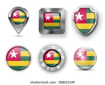 Togo Metal and Glass Flag Badges, Buttons, Map marker pin and Shields. Vector illustrations