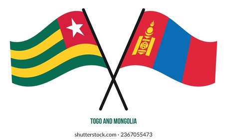 Togo- und Mongolia-Flaggen überqueren und schwingen flatterweise. Offizieller Anteil. Farben korrigieren