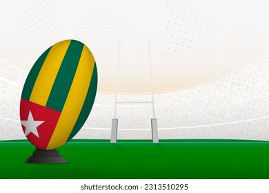 Selección nacional de Togo de rugby en estadio de rugby y puestos de gol, preparándose para un penal o patada libre. Ilustración vectorial.