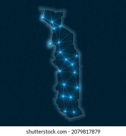 Togo network map. Abstract geometric map of the country. Digital connections and telecommunication design. Glowing internet network. Authentic vector illustration.