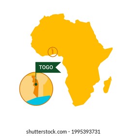 Togo on an Africa s map with word Togo on a flag-shaped marker. Vector isolated on white.