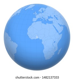 Togo on the globe. Earth centered at the location of the Togolese Republic. Map of Togo. Includes layer with capital cities.