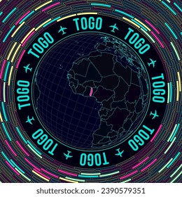 Togo en el mundo. La visión satelital del mundo se centró en Togo. Brillante estilo neón. Fondo de ladrillos radiales futuristas. Ilustración vectorial genial.