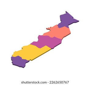 Togo political map of administrative divisions - regions. Isometric 3D blank vector map in four colors scheme.
