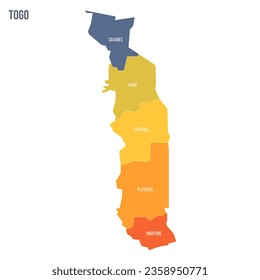 Togo political map of administrative divisions - regions. Colorful spectrum political map with labels and country name.