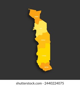 Togo political map of administrative divisions - regions. Yellow shade flat vector map with name labels and dropped shadow isolated on dark grey background.