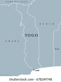 Togo political map with capital Lomé and international borders. Togolese Republic, a country in West Africa on Gulf of Guinea. Gray illustration isolated on white background. English labeling. Vector.