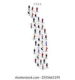 Togo population map. Large group of realistic a diverse crowd of people figures in a shape of Togolese Republic map. Flat vector illustration isolated on white.
