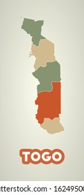 Togo poster in retro style. Map of the country with regions in an autumn color palette. Shape of Togo with the country name. Modern vector illustration.