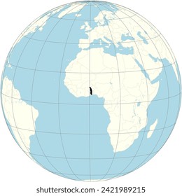 Togo presented at the center of the orthographic projection of the world map, has diverse landscapes and cultural tapestry in West Africa.