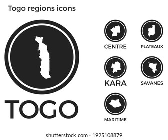 Togo regions icons. Black round logos with country regions maps and titles. Vector illustration.