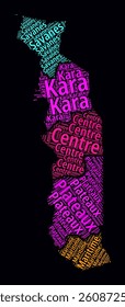 Togo Regions Word Clouds. Bright neon style design on a dark background. Region names of the country in the French language. Country shape with administrative division. Classy vector illustration.
