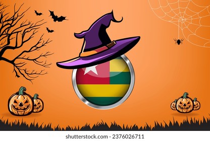 togo round flag with Happy Halloween banner or party invitation background. bats, spiders and pumpkins, orange background