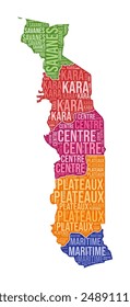 Togo shape. Country word cloud with region division. Togo colored illustration. Region names cloud. Vector illustration.