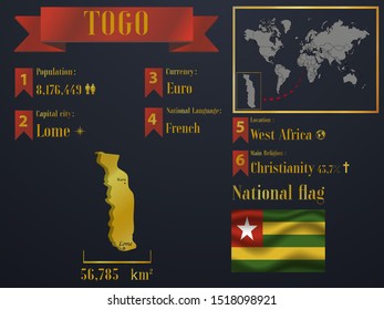 Togo statistic data visualization, travel, tourism destination infographic, information. Graphic vector illustration. National flag, African country silhouette, world map icon business element