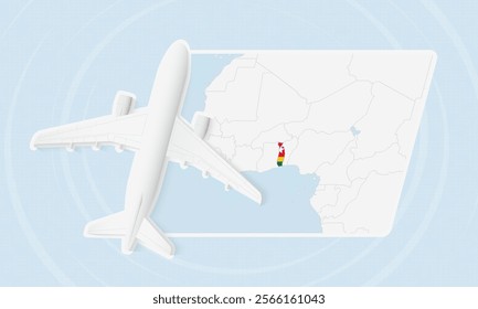 Togo Travel Illustration with Plane and National Flag. Ideal for travel agencies, promotional materials, or geographic content related to Togo.