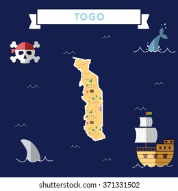 Togo treasure map in flat design. Colorful cartoon treasure map of Togo with flat design icons of pirate ship and jolly roger. Togo flat design vector illustration.