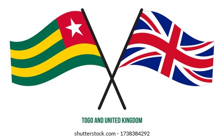Togo and United Kingdom Flags Crossed And Waving Flat Style. Official Proportion. Correct Colors.
