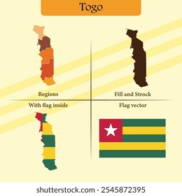 Mapa del Vector de Togo con superposición de la bandera de silueta negra de las regiones y bandera independiente ideal para infografías de materiales educativos y proyectos de diseño que muestran la geografía e identidad de Azerbaiyán