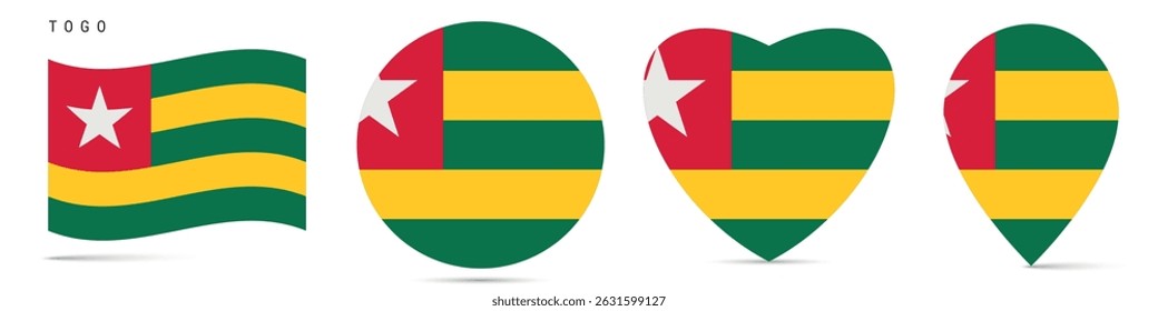 Togo waving flag, round circle sticker badge, heart shaped icon, map pin. Togolese Republic flag buttons of different shapes. Vector illustration isolated on white.