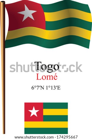 togo wavy flag and coordinates against white background, vector art illustration, image contains transparency