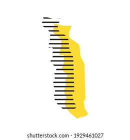 Togo - yellow country silhouette with shifted black stripes. Memphis Milano style design. Slimple flat vector map.