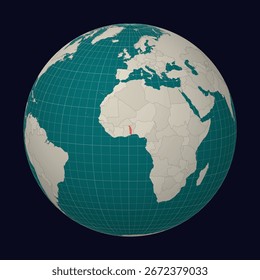 Togolese Republic on the map. Globe centered to Togo. Country location on the world map. Teal Pale Mint color palette. Globe with countries, meridians and parallels. Appealing vector illustration.