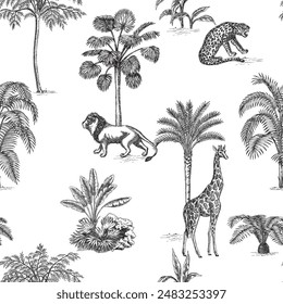 Toile African animals and palms seamless pattern. Safari wallpaper.